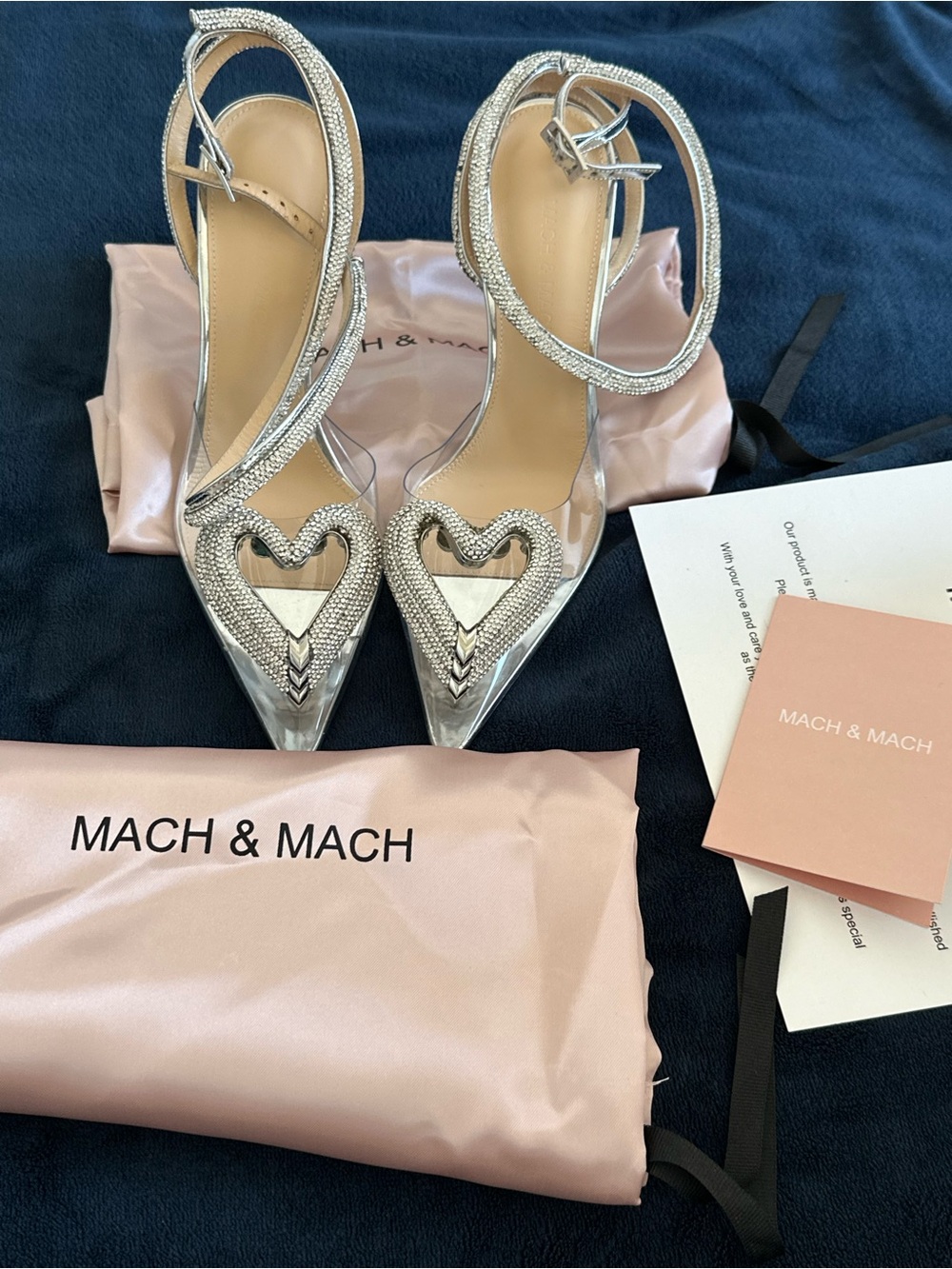 MACH & MACH Silver Crystal Heart Pointed-Toe Ankle-Strap Heels